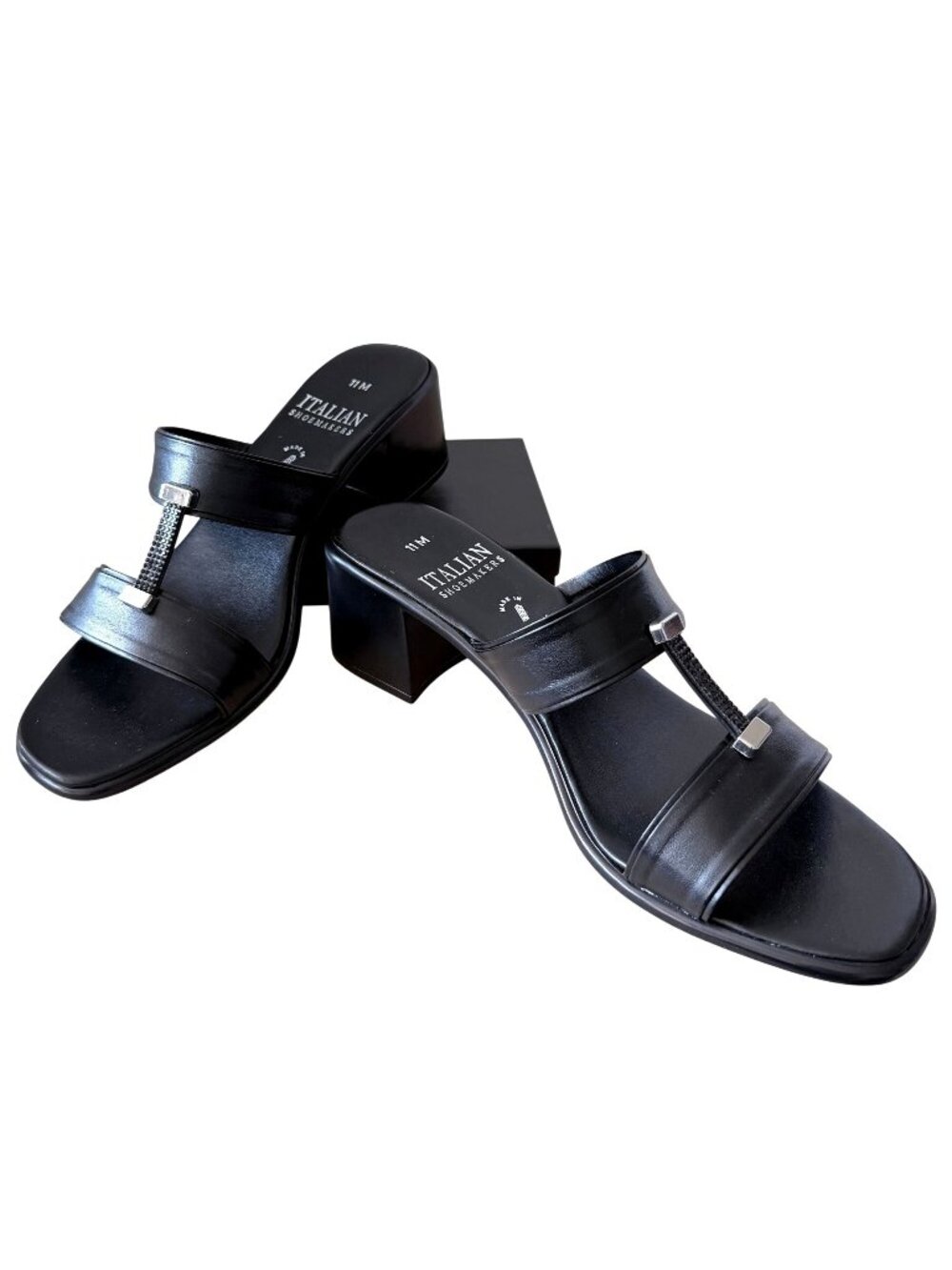 Italian Shoemakers Black Rhinestone T-Strap Block Heel Sandals 11M Italy NWOB